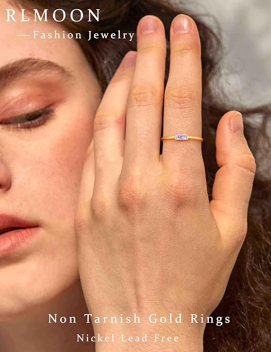RLMOON Birthstone Rings for Women Non Tarnish Gold Stackable Rings Dainty 14K Gold/Silver Plated Baguette CZ Emerald Green Pinky Ring Personalized Jewelry Gift for Birthday Size 4-10