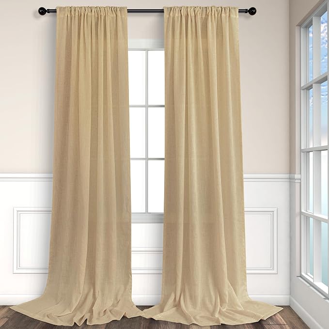 Tan Linen Curtains 90 Inch Length for Living Room Dining 2 Panels Set Back Tab Pocket Light Filtering Sheer Taupe Brown Mocha Coffee Color Drape for Bedroom Home Office Burlap Vintage Decor 52x90 Long
