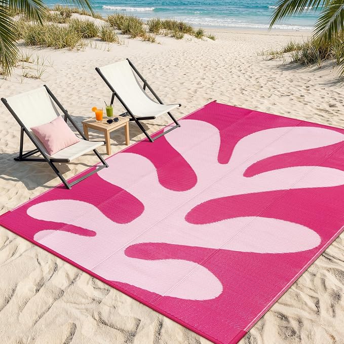 Lahome 9x12 Pink Outdoor Pool Rug, Sea Coral Beach Camping Rugs for Outside Your Rv, Waterproof Plastic Straw Stain Resistant Deck Carpets for Picnic Patio Porch Decor, Pink 9'x12'