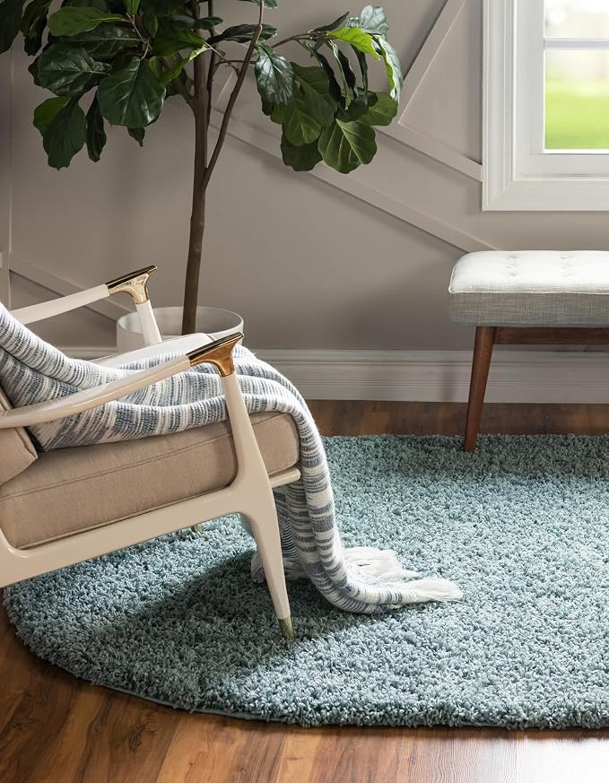 Unique Loom Solid Shag Collection Area Rug (5' 1" x 8' Oval, Light Slate Blue)