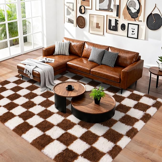 Pionblank Checkered Rug for Living Room, Modern Soft Shag 6x9 Area Rugs, Plush Fuzzy Carpet for Bedroom Girls Boys Room Home Nursery Teens Dorm Decor, Brown and Cream White