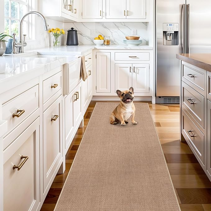 2x6 Jute Woven Runner Rug: Non Slip Backing Solid Color Easy Clean Hallways | Washable Thin Indoor Kitchen Carpet High Traffic Areas Farmhouse Home Decor Durable Textured Low Pile Accent Mats (Beige,2x6)