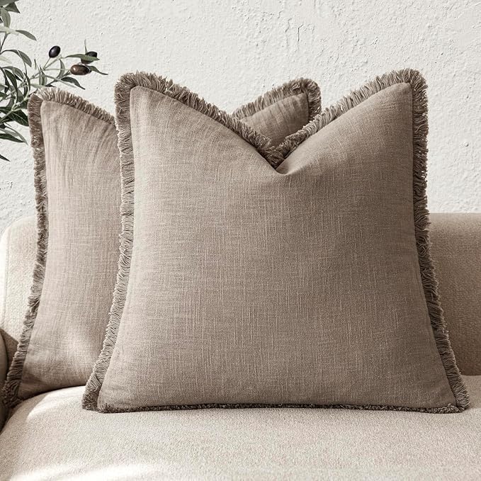 Foindtower Set of 2 Decorative Linen Fringe Throw Pillow Covers Cozy Boho Farmhouse Cushion Cover with Tassels Soft Accent Pillowcase for Couch Sofa Bed Living Room Home Decor,26×26 Inch,Brown Tan