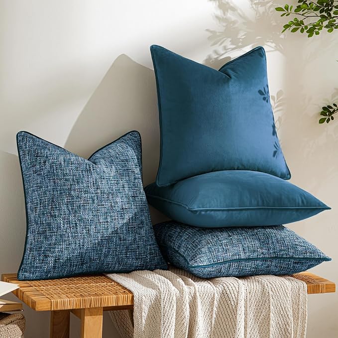 a moment Blue 4 Pack Throw Pillow Covers - Chenille & Velvet Set with Piping, Farmhouse Textured Design Pillow Cases for Couch Sofa Bed Livingroom (16x16 Inch, No Insert)