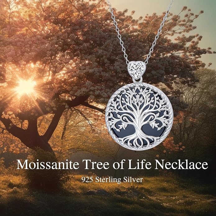 Tree of Life Moissanite Necklace, 925 Sterling Silver 0.5 Carat Moissanite Abalone Shell/Opal/Black Onyx/Turquoise/Malachite/Tiger Eye Stone Tree of Life Pendant Necklaces Jewelry Gift for Women Mom