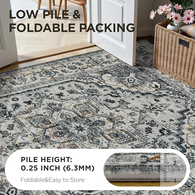 Joydeco 5x7 Area Rugs for Living Room, Non Slip Machine Washable Vintage Rug, Low Pile Thin Chenille Print Rugs for Bedroom, Dining Room, Pet & Child Friendly, Home Office, White&Light Gray&Dark Gray