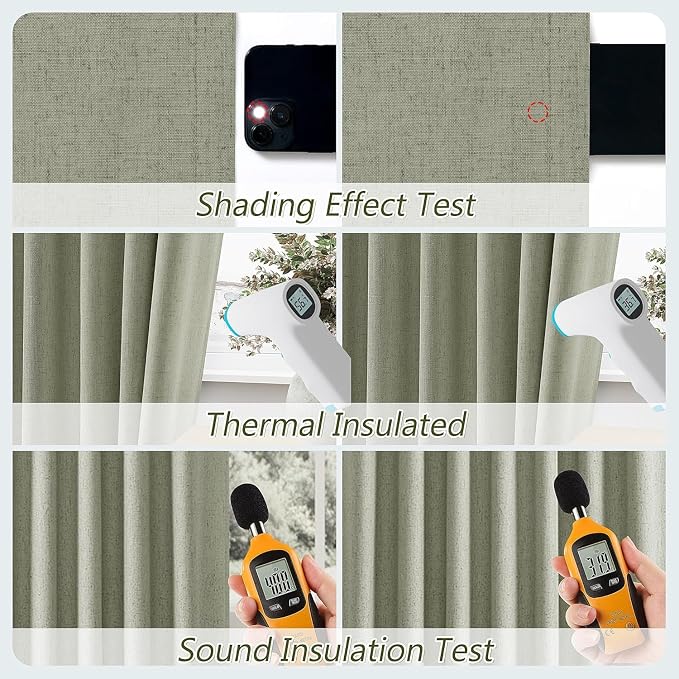 Guken 100% Blackout Linen Curtains 42 Inch Wide by 102 Inch 2 Panels Set for Living Room Bedroom Back Tab Thermal Insulated Black Out Linen Drapes Room Darkening Window Curtains, Sage Green