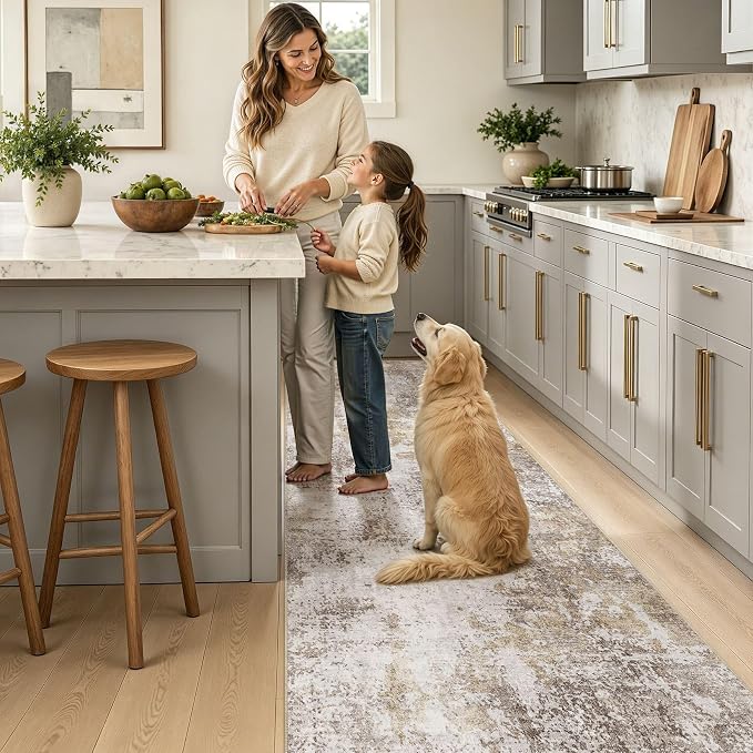 Washable Runner Rug 3x8, Non Slip Neutral Area Rug for Hallway | Modern Abstract Carpet, Stain Resistant and Kid & Pet Friendly, Made for Kitchen, Bedroom, Laundry, Kitchen - Gold Brown