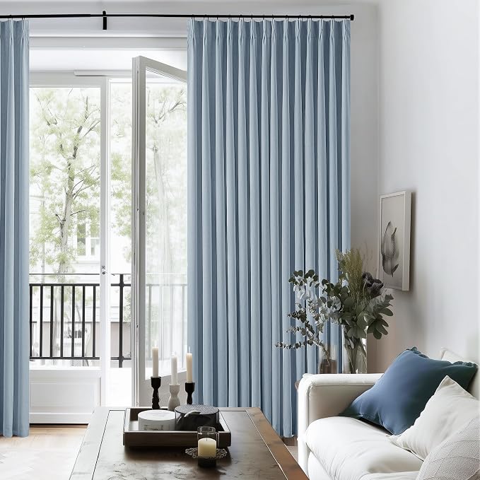 Dusty Blue Pleated Linen 100% Blackout Curtains 102 Inches Long for Bedroom | Black Out Room Darkening, Thermal Insulated, Pinch Pleat Rings Hooks, for Living Room, Light Blue Curtains with Liner 40x102