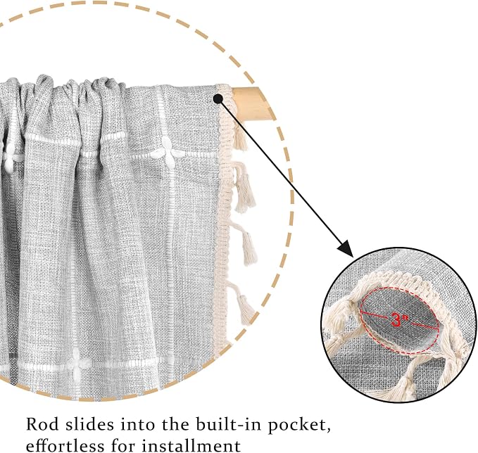 ColorBird Farmhouse Semi-Blackout Window Curtains 2 Panels Embroidery Lattice Cotton Linen Darkening Curtains with Tassel Rod Pocket Window Drapes for Dining Living Bedroom (52" W x 63" L, Grey)