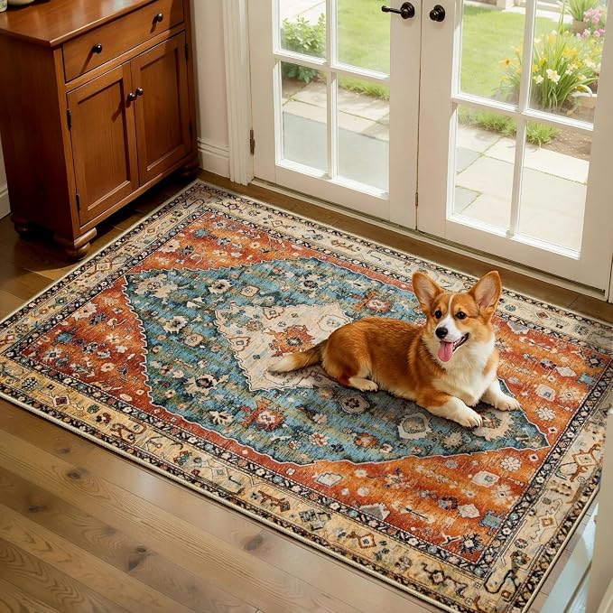 SERISSA 2x4 Boho Rugs for Entryway, Washable Non-Slip Kitchen Runner Rug, Ultra Soft Small Area Rug Vintage Tribal Low-Pile Door Mat Indoor Entrance Carpet for Bedroom Hallway Laundry Room Bathroom