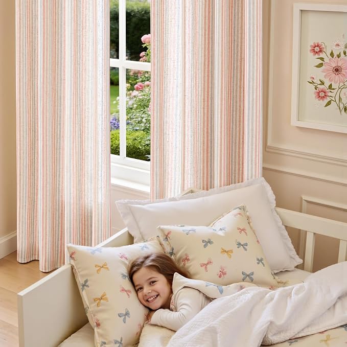 Vangao Linen Stripe Nursery Curtains for Kids Tickingstripe Light Filtering Window Curtains Colorful Pink Pinstripe Printed Drapes 84 Inches Long for Living Room Girls Bedroom Dorm 2 Panels