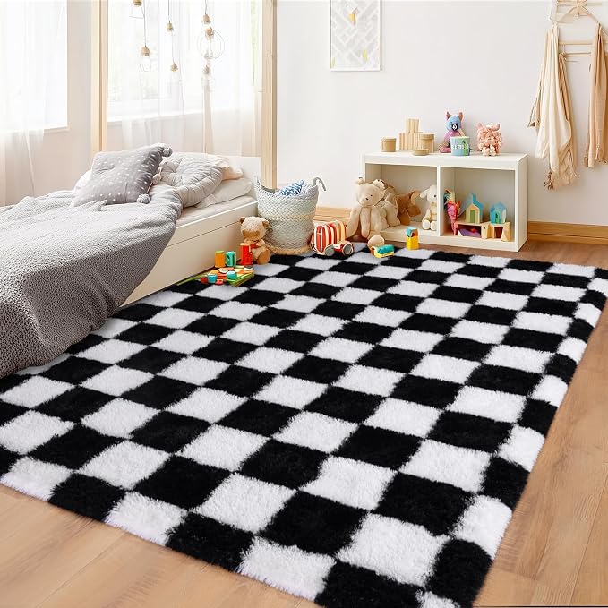 Pionblank Checkered Rug for Bedroom 4x6, Modern Shag Carpet, Soft Plush Non Slip Fluffy Rugs for Living Room Kids Room Home Decor, Black and White