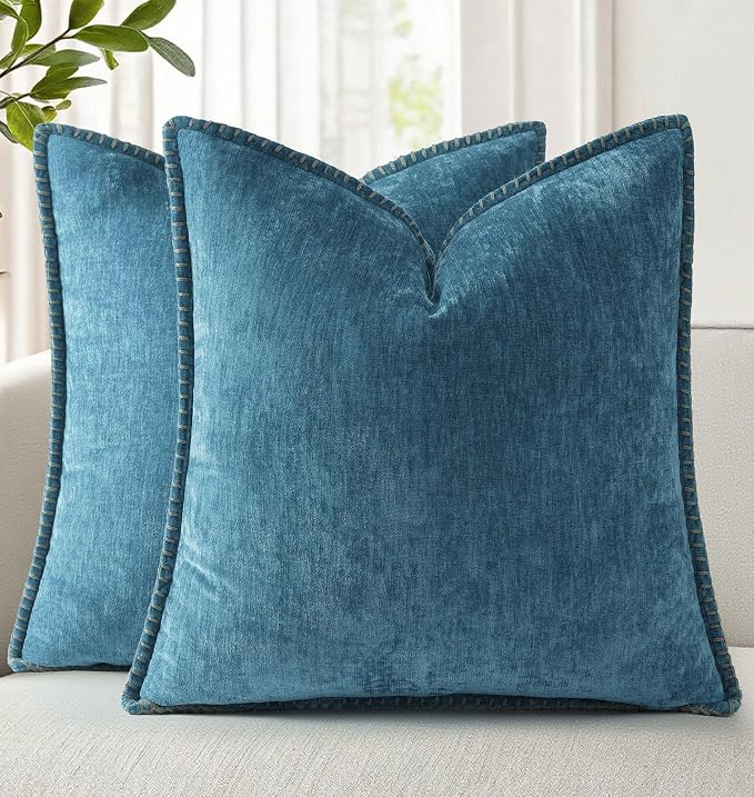 decorUhome Soft Chenille Throw Pillow Covers 26x26 Set of 2 Teal | Fall Textured Decorative Throw Pillow Cases Stitched Edge Modern Farmhouse Luxury Boho Velvet for Couch Sofa Bed Home Decor