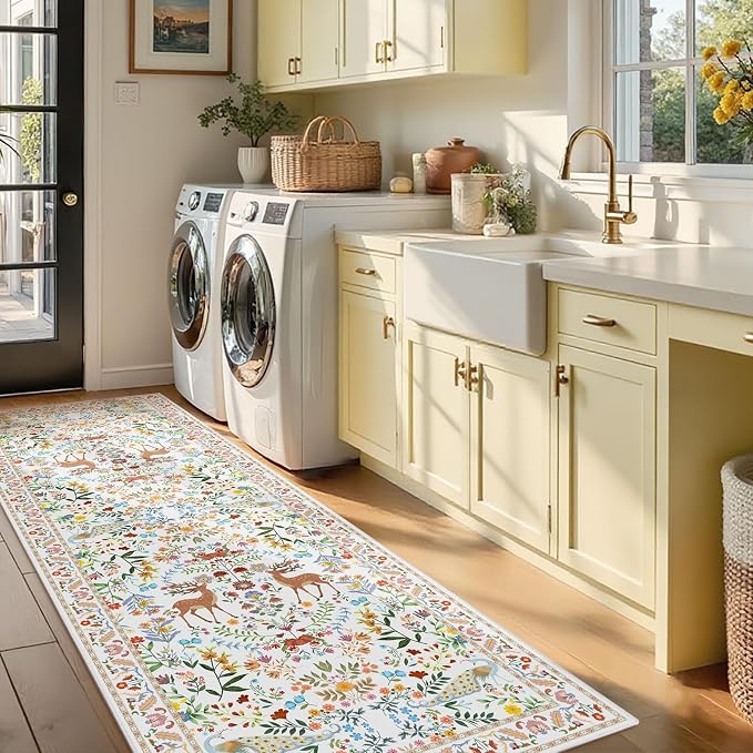 Lunasun 2x6 White Runner Rug for Kitchen, Entry Way - Bathroom Runners, Non Slip Washable Floral Print Home Decor
