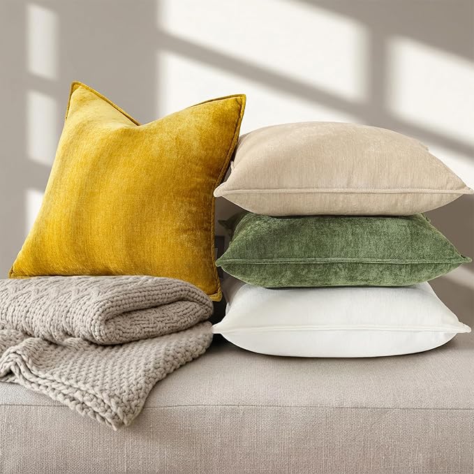 decorUhome Chenille Mineral Yellow Throw Pillow Covers 18x18 Set of 2 | Fall Soft Couch Decorative Modern Velvet Pillow Cases with Elegant Design for Sofa Bed Living Room Home Decor