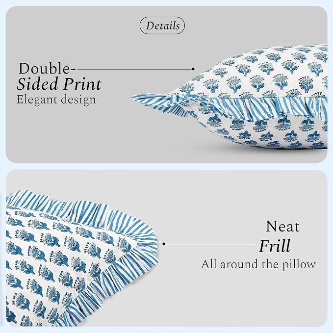 CPC Block Print Ruffle Throw Cover Apatite Blue 16"x16" Inch Pack of 2-100% Cotton Ruffle Couch Decorative Boho Pillows Case for Living Room, Bedroom, Sofa, Farmhouse Gift for Spring, Mother's Day