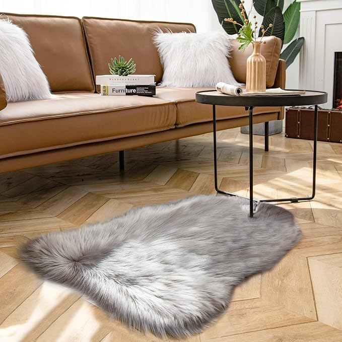 Ashler Faux Fur Rug, Fluffy Shaggy Area Rug Ultra Soft 2 x 3 Feet Sheepskin Fur Rug, Grey Fuzzy Rug Machine Washable Shag Rug, Nursery Decor Throw Rugs for Bedroom, Kids Room, Living Room