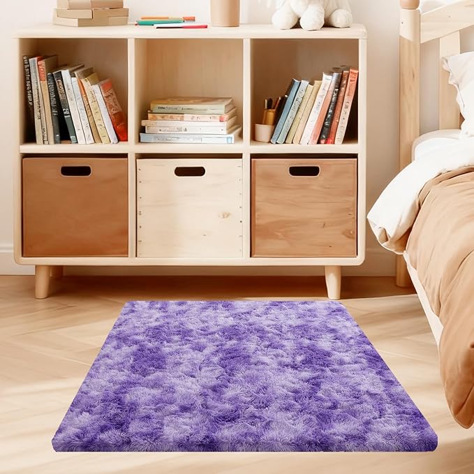 3x5 Rugs for Bedroom, Fluffy Area Rugs for Living Room, Small Fuzzy Shag Soft Non-Slip Carpet for Kids Girls and Boys Nursery Dorm Indoor Room Home Decor (3ft X 5ft, Tie-Dyed Purple)