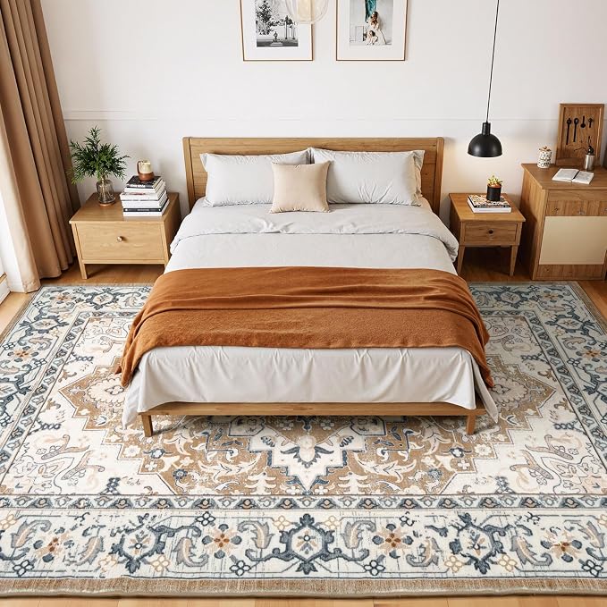 Lessymo Area Rugs 9x12 Living Room- Large Area Rug Machine Washable Area Rug for Bedroom Living Room, Vintage Rugs Boho Floral Medallion, Non-Slip Rubber, Low Pile, Kid & Pet Friendly, Brown Beige