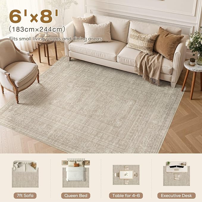 Nakagishi 6x8 Area Rugs Living Room: Washable Large Vintage Rug Neutral Non-Slip Soft Stain Resistant Indoor Carpet for Bedroom Nursery Dining Room Office Playroom - Brown