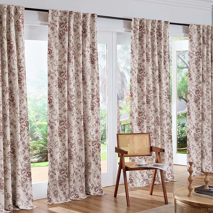 jinchan Red Floral Linen Blackout Curtains Lined 96 Inch Back Tab 2 Panels | Blackout lining, room darkening drapes, farmhouse, vintage, cottagecore, rustic, bedroom, living room, window treatment