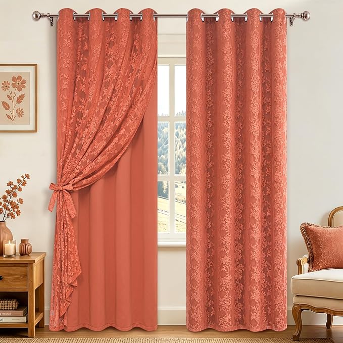 Yinhua Terracotta Curtains for Living Room Double Layer Curtain with Sheer Overlay Farmhouse Blackout Curtains for Bedroom 84 Inch Length, Grommet Drapes with Tiebacks, 2 Panels