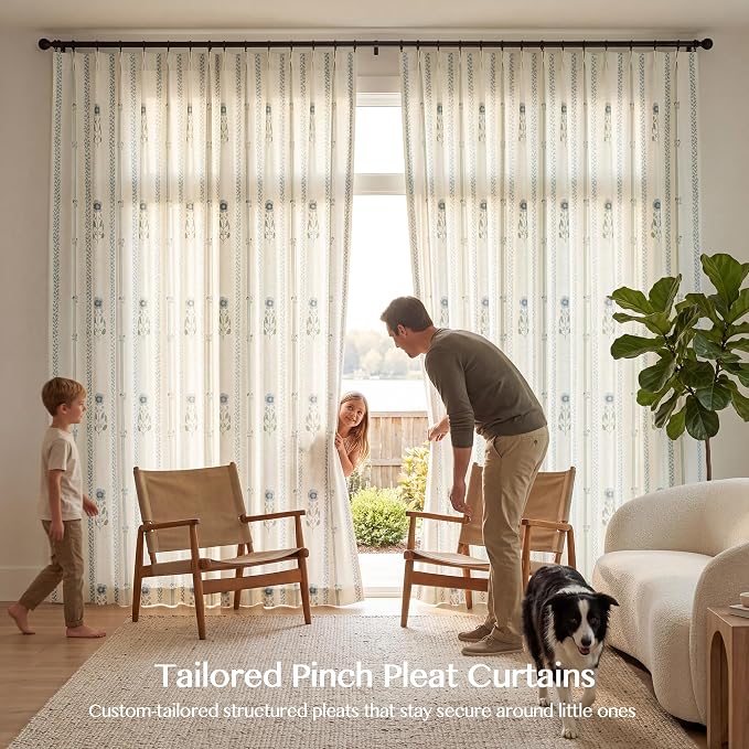 THREE GIRLS Luxury Light Filtering Floral Curtains: Pinch Pleated Long Curtains for Living Room Bedroom Dining Room - 108 Inches Linen Drapes Farmhouse Window Curtains with Hooks - 2 Panels Set