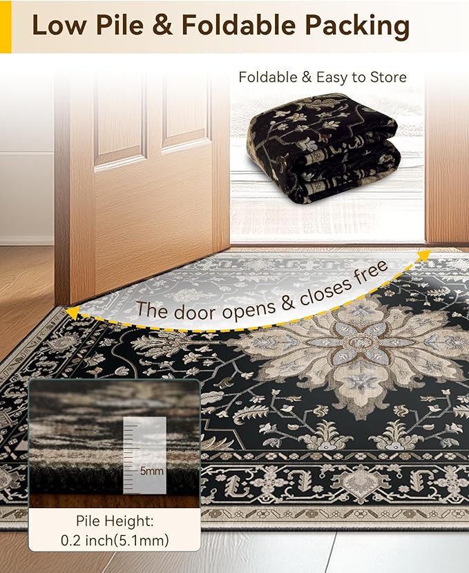 RELEANY Area Rugs Runner 3'x12' Washable Non-Slip, Floral Vintage Distress Medallion Carpet for Kitchen Hallway Bedroom Beside Laundry Room Bathroom, Black Brown Neutral Dark Tan