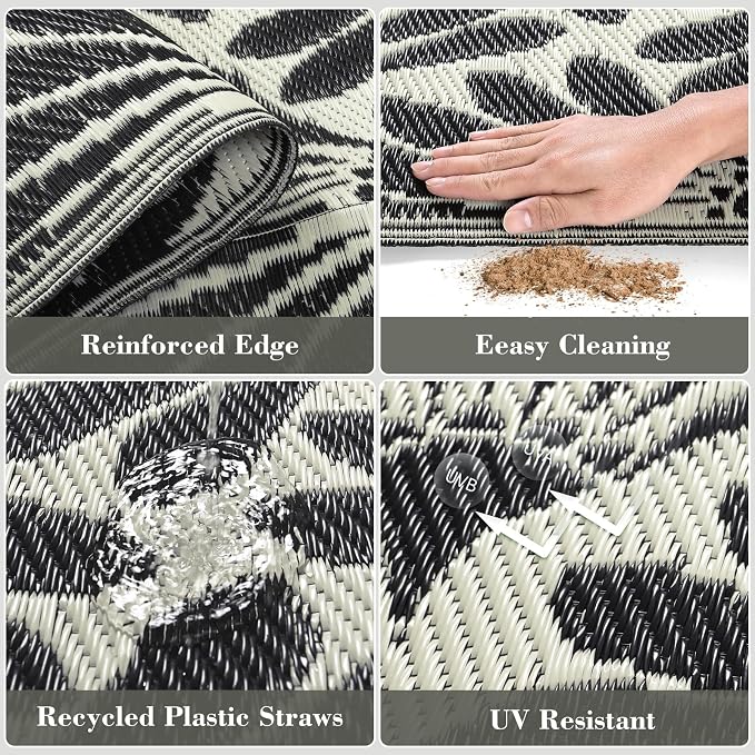 Lahome Outdoor Rug Patio Waterproof 6x9, Black Outdoor Plastic Straw Rug for Porch, Portable Lightweight Mats for Backyard Garden Deck Camping Outside, Black White,6'x9'
