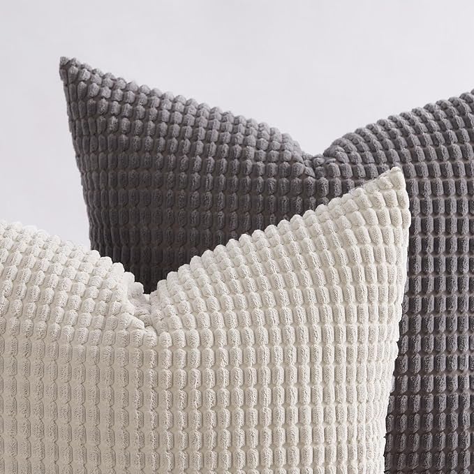 Topfinel 4 Packs Grey Decorative Throw Pillow Covers 24x24 Inch for Living Room Couch Bed Sofa, Boho Western Farmhouse Home Decor, Square Soft Moss Corduroy Fall Cushion Case 60x60 cm
