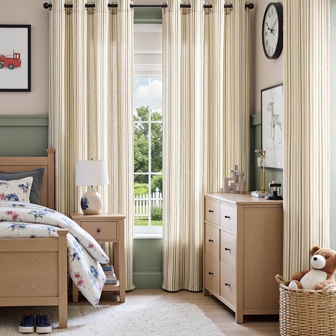 Vangao Linen Stripe Nursery Curtains for Kids Tickingstripe Light Filtering Window Curtains Colorful Pinstripe Printed Drapes 63 Inches Long for Living Room Boys Bedroom Colorful Green 2 Panels
