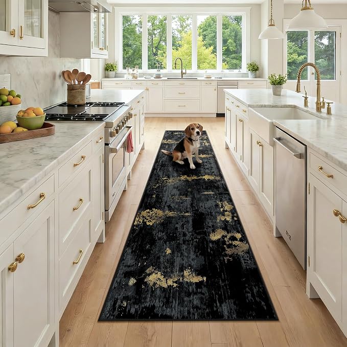 RELEANY Washable Area Rugs 2x9 Non-Slip Modern Abstract Soft for Living Room Entryway Bedroom Kitchen, Print Pattern, Dark Black Gold