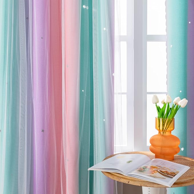 XiDi Curtains for Girls Bedroom 2 Panel Set, Thermal Insulated Window Ombre Panels, Rainbow Pink Drapes for Kids Room Unicorn Wall Decals, Black Out Curtains 63 Inch Long Pink/Purple/Green 52 X 63 | Nursery Room Unicorn Wall Decals, Thermal Insulated B...