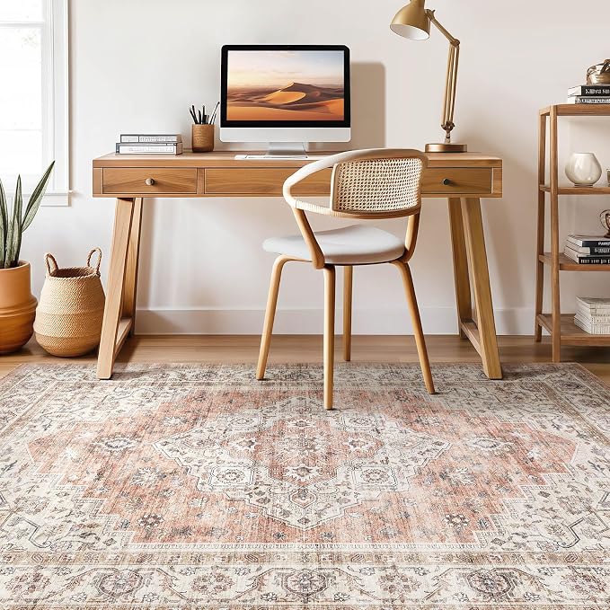 7x10 Area Rug Living Room: Washable Boho Large Neutral Vintage Soft Rug Stain Resistant Farmhouse Non-Slip Indoor Floor Retro Carpet for Bedroom Nursery Kids Office Dining Room- Pink Brown