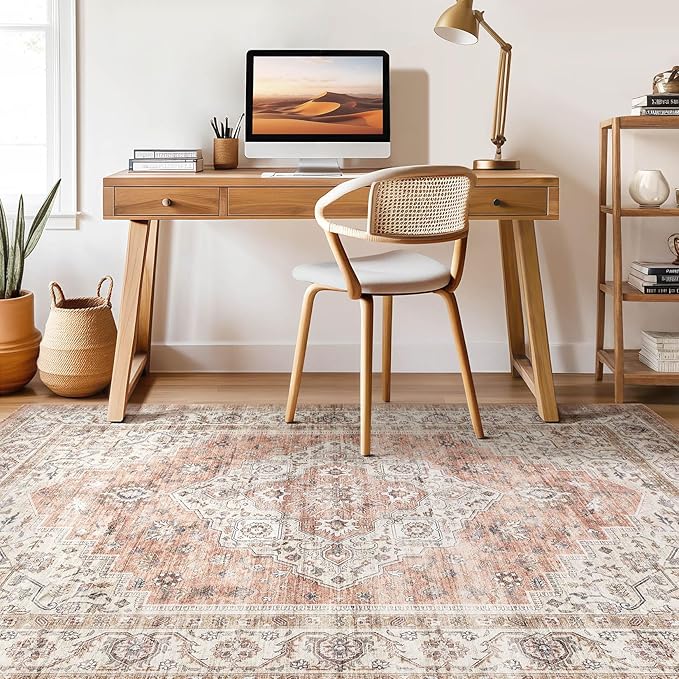5x8 Area Rug Living Room: Washable Boho Large Neutral Vintage Soft Rug Stain Resistant Farmhouse Non-Slip Indoor Floor Retro Carpet for Bedroom Nursery Kids Office Dining Room- Pink Brown
