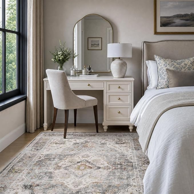 AMOAMI-4X6 Area Rugs for Living Room -Soft Vintage Bedroom Rugs-Non Slip Washable Rug-Throw for Living Room Bedroom Bedside Dining Room Office Grey