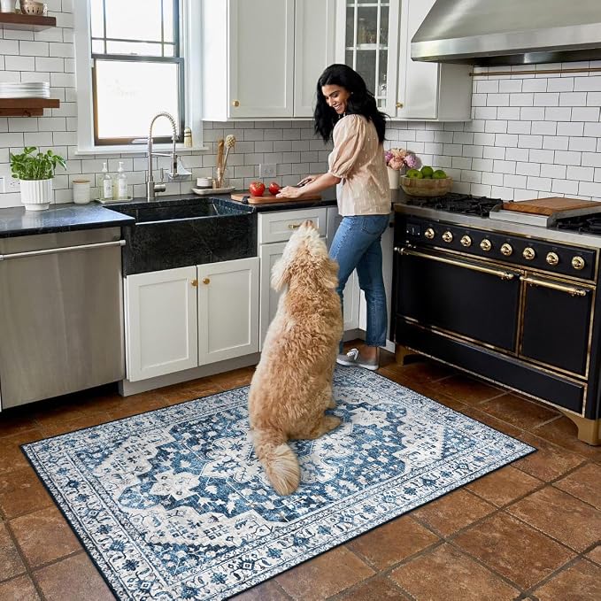 Moynesa Ultra-Thin Washable Area Rug - 3x5 Blue Kitchen Rugs Washable Rugs for Entryway Non Slip Front Door Mat, Non Shedding Low Pile Lightweight Indoor Carpet for Dorm Basement Foyer Living Room