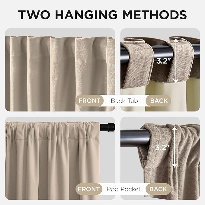 Joydeco 100% Blackout Velvet Curtains Beige 102 Inch Back Tab | Luxury Thermal Insulated Velvet Curtains for Bedroom Living Room, Soundproof Blackout Window Drapes