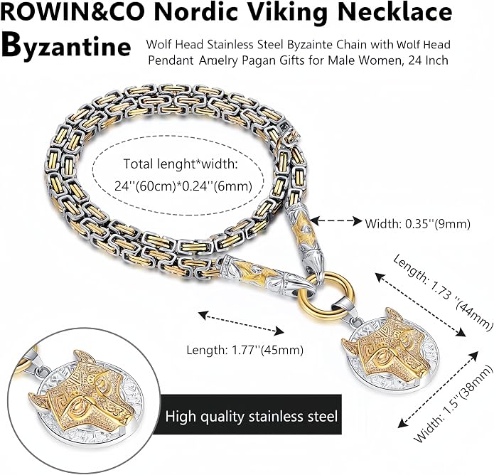 ROWIN&CO Viking Necklace for Men, Stainless Steel Nordic Runes Wolf Head Spearhead & Trinity Knot Pendant with Byzantine Chain Amulet, Norse Mythology Pagan Gothic Biker Jewelry Gift