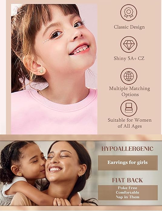 LOLIAS 14K Gold Plated Flat Back Earrings - Hypoallergenic Surgical Stainless Steel Stud Hoop Earrings for Women Girls Cute Stud Earring Set Small Huggie Hoops Cartilage Earring Stacks