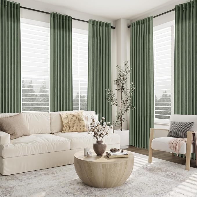 Olive Green Pinch Pleat Linen Curtains 120 Inches Long for Living Room Pleated Drapes Hooks Back Tab Light Filtering Boho Farmhouse Extra Long Semi Sheer 120 Inch Curtain for Dining Room Bedroom