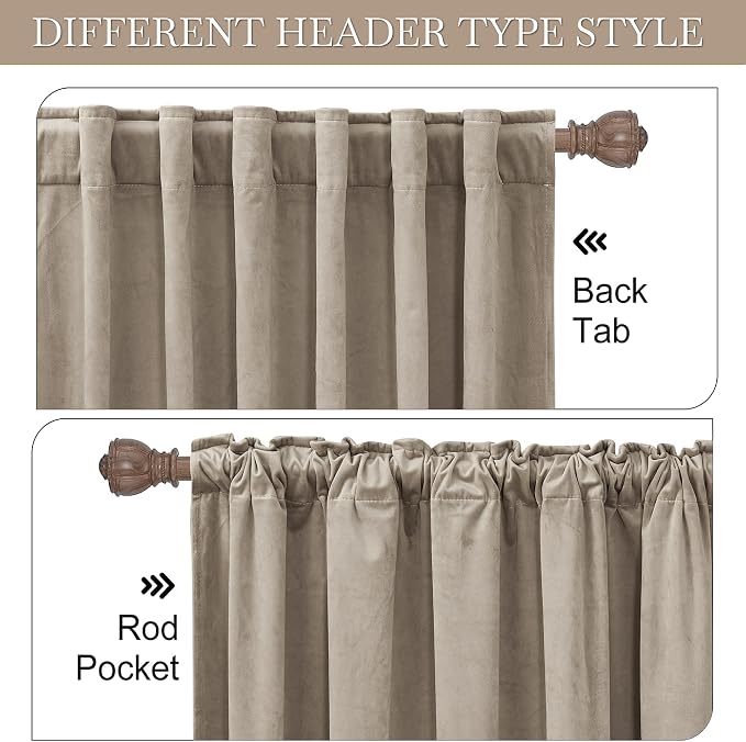 RYB HOME Camel Beige Velvet Curtains for Bedroom Living Room, Thermal Insulated Privacy UV Heat Blocking Luxurious Soft Rod Pocket Back Tab Drapes for Nursery, 52" W x 92" L, 2 Panels