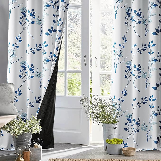 Beauoop Floral 100% Blackout Curtains for Bedroom Navy Blue 52X54 2 Panels | Flower Patterned Navy White Room Darkening Drapes for Living Room Thermal Insulated Soundproof Window treatment Grommet