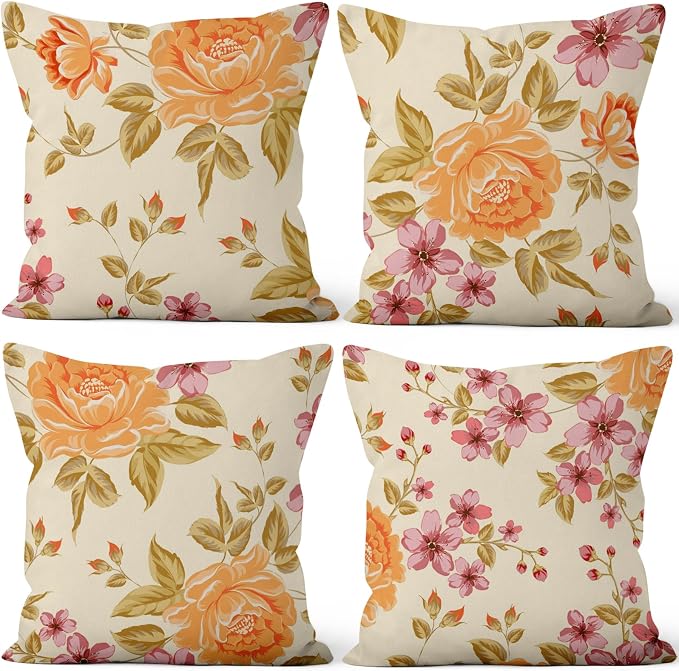 Spring Flower Throw Pillow Covers 24"x24" Set of 4, Vintage Yellow Floral Pillowcases Countryside Cushion Cases for Chair Sofa Bed Living Room Garden Car Indoor Outdoor Home Decoration