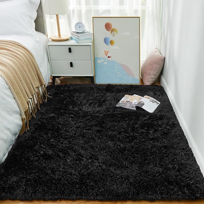 Ophanie 3x5 Black Rugs for College Dorm, Bedroom Small Area Rug, Non-Slip Fluffy Shaggy Bedside Soft Shag Fuzzy Plush Carpet for Kids Boys Teen Decor Aesthetic, Nursery with Over 99 pcs Pile fibers