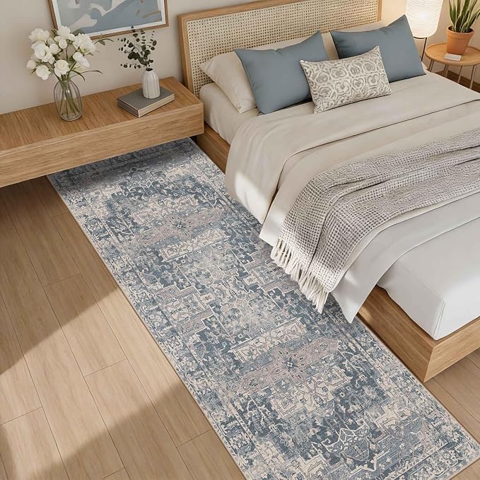 Rugxara 2x6 Washable Runner Rug for Hallway Kitchen Entryway, Blue | Non Slip, Runner Rug for Bedroom Laundry Room Bathroom, Stain Resistant, Soft, Low Pile, Vintage Boho Retro Carpet