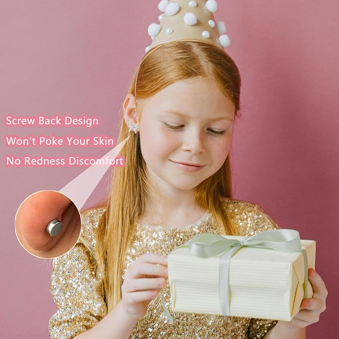 18 Pairs Hypoallergenic Screw Back Earrings for Girls Women Sensitive Ears Surgical Stainless Steel Butterfly Cherry Strawberry Rainbow Stud Flat Back Earrings for Kids Little Girl Teens Gift