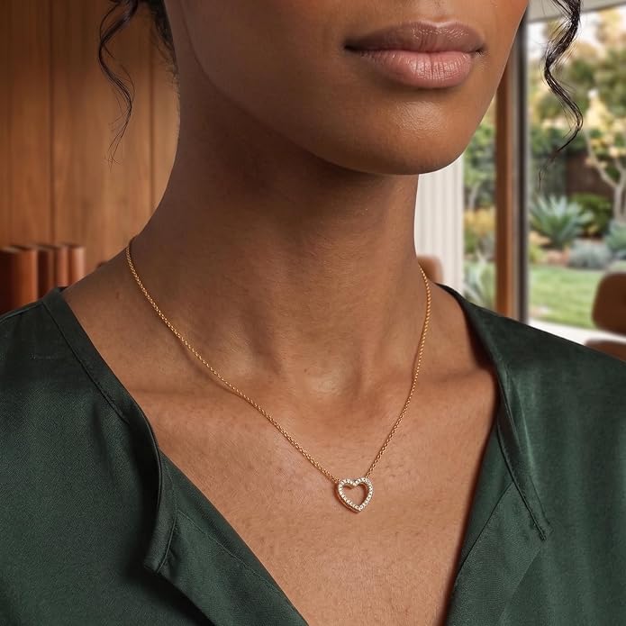 18K Gold Plated Heart Necklace for Women, Dainty Open Heart Pendant Necklace with Cubic Zirconia, Minimalist Delicate Choker Jewelry Gift for Women