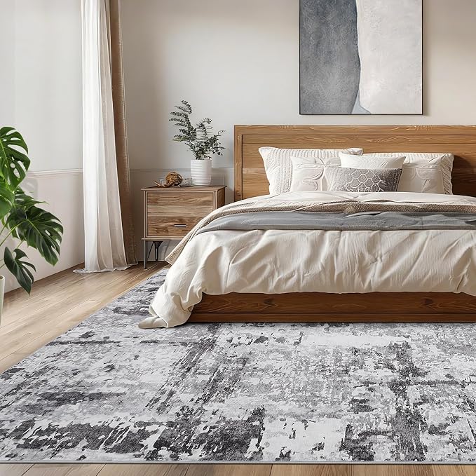 GarveeHome 6x9 Abstract Area Rugs Grey Washable Living Room Bedroom Rug | Soft Low Pile Non Slip Accent Rug for Living Room, Dining Room, Modern Neutral Indoor Carpet
